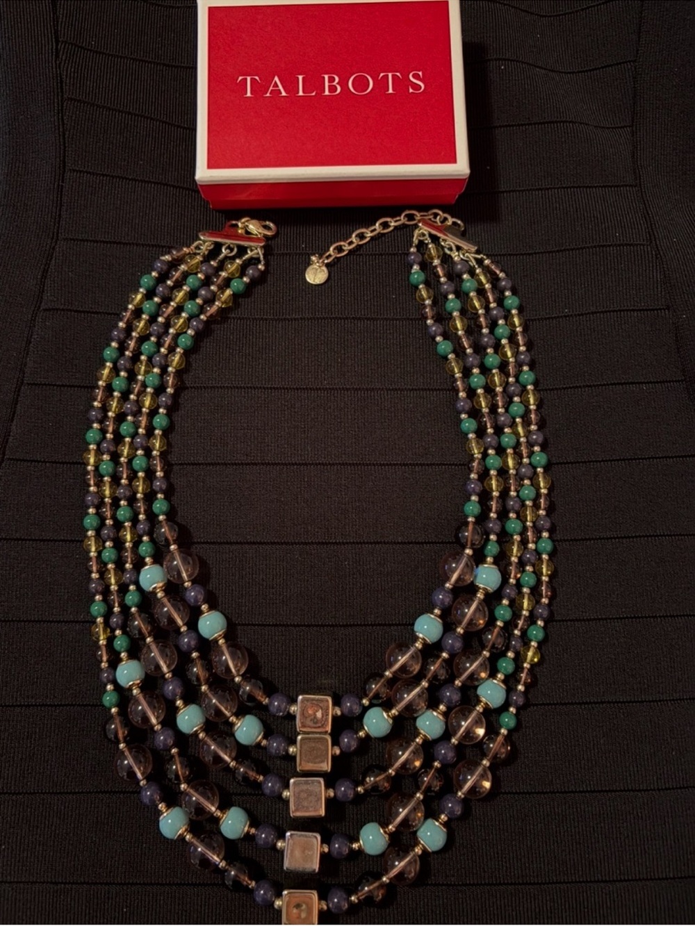 New Talbots Layered 5-Strand Navy, Turquoise & Gold Beaded Necklace